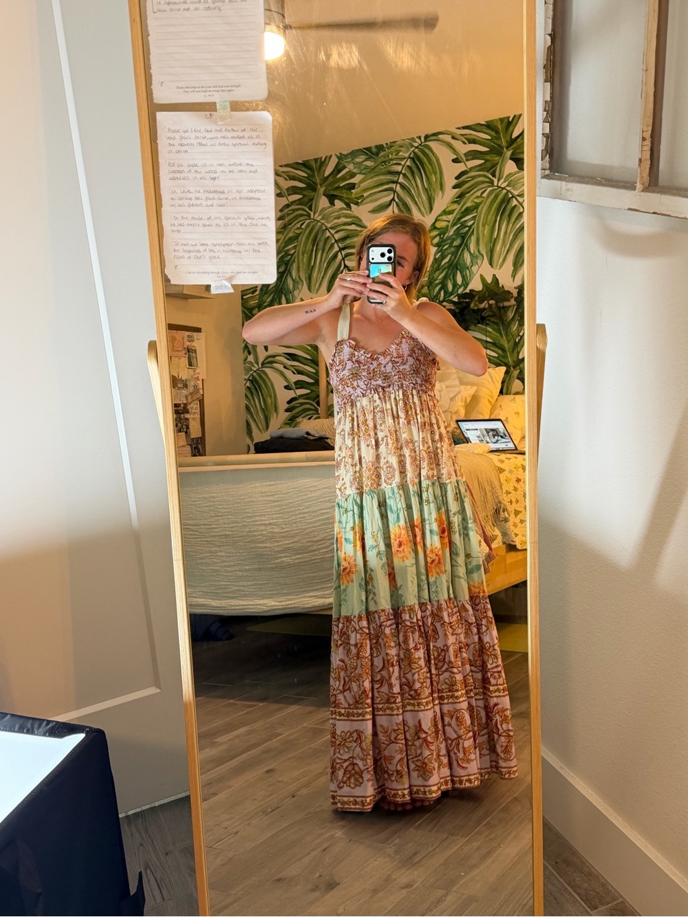 Free People Floral Tiered Maxi Dress in Mint, Rust, Yellow - Picture 2 of 6